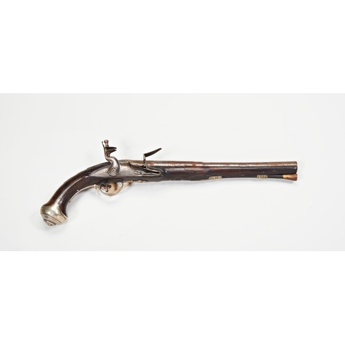 598 - AN 18TH CENTURY FLINTLOCK PISTOL, the lock with indistinct engraved mark, with horn tipped ram rod, ... 