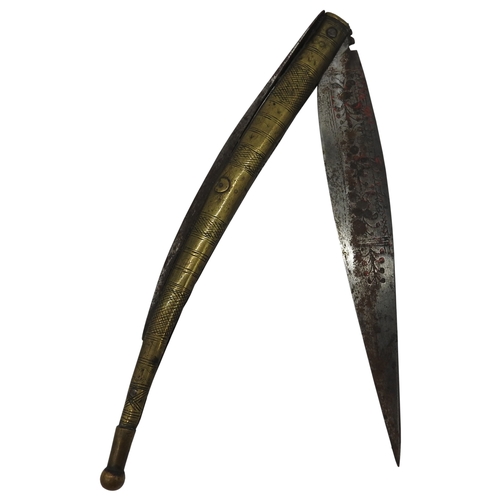 608 - A 19TH CENTURY SPANISH NAVAJA OR FOLDING KNIFE WITH BRASS GRIP.20 cms folded.