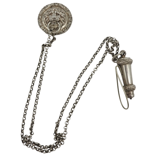 624 - A VICTORIAN MILITARY ISSUE SILVER WHISTLE HALLMARKED  for Birmingham 1859 with chain and lions head ... 