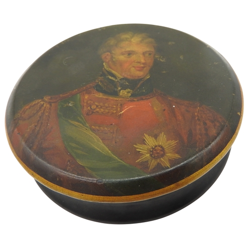 630 - A VICTORIAN CIRCULAR PAPIER MACHE BOX  the lid decorated with a portrait of the Duke of Wellington. ... 