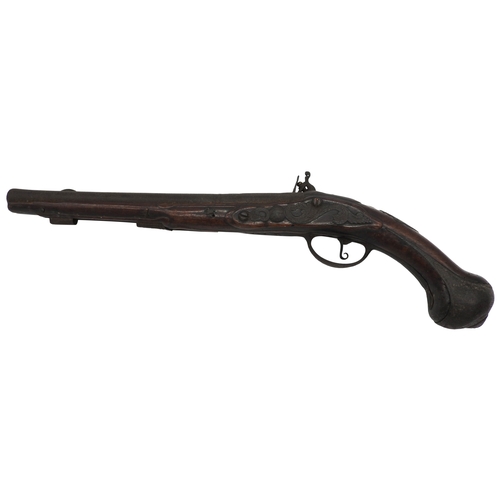 632 - AN 18TH CENTURY FLINTLOCK PISTOL the walnut stock with steel fittngs, heavily degraded, the lock app... 