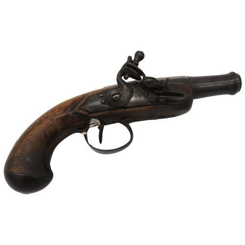 634 - A CANNON-BARRELLED FLINTLOCK PISTOL, the barrel with some engraved decoration, the lock unmarked, th... 