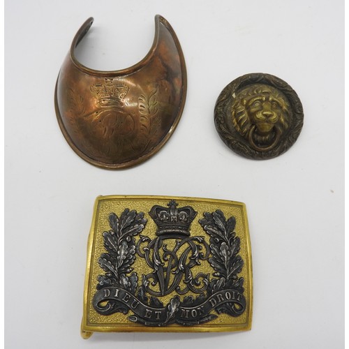 642 - A GEORGE III GORGET WITH GR CIPHER UNDER A CROWN , a Victorian military belt buckle with with a VR C... 