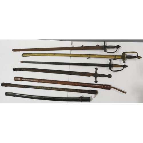 646 - A GEORGE III OFFICERS SWORD AND TWO OTHERS, another sword and three scabbards. Various conditions. 9... 