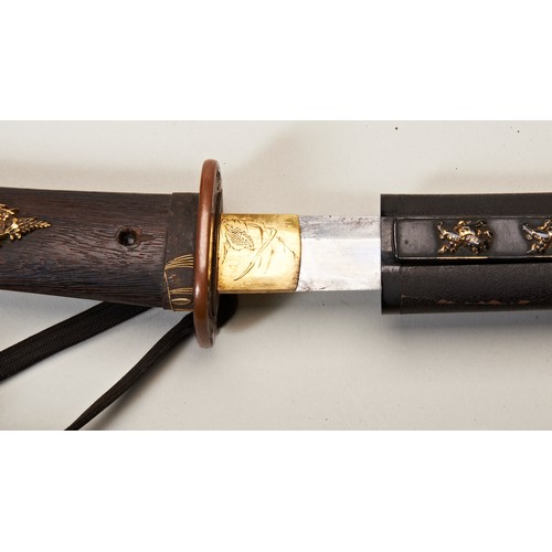 2222 - A GOOD JAPANESE TANTO WITH FINALLY DETAILED KABUTO GANE, TSUKA-AI, FUCHI AND SIGNED BRONZE TSUBA, th... 