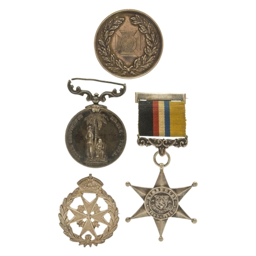 664 - AN INDIAN 1867 TOTAL ABSTINENCE MEDAL, a Kimberley Mayor’s siege Medal 1900 in silver with ori... 