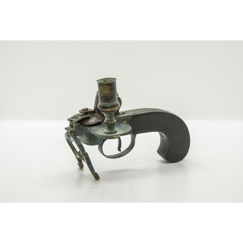 672 - A FLINTLOCK TINDER PISTOL with candle holder and slab-sided wooden grip and a leather flint wallet w... 