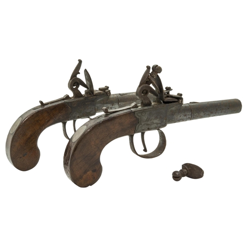 675 - A PAIR OF FLINTLOCK POCKET PISTOLS by **** London with turn-off barrels and slab-sided Grips, one wi... 