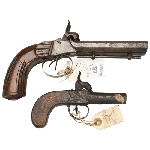 691 - A CONTINENTAL DOUBLE BARRELLED PERCUSSION 'SALOON'; PISTOL WITH FLUTED WALNUT STOCK  and another per... 