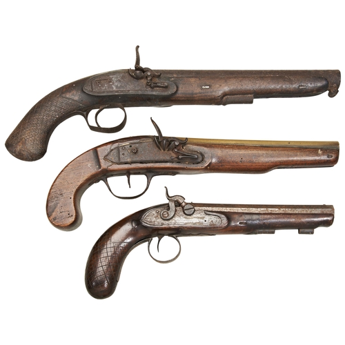 692 - A CONVERTED PERCUSSION PISTOL, indistinctly marked and two flintlock pistols, all missing parts and ... 