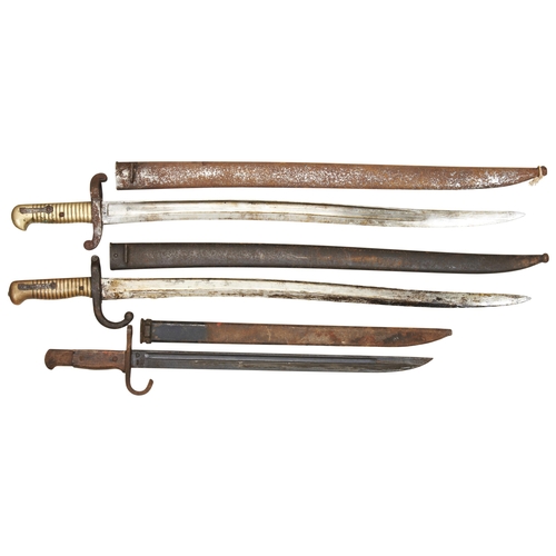 694 - A FRENCH 1870 PATTERN BAYONET AND TWO OTHER BAYONETS