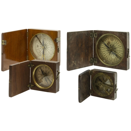 1453 - A GEORGIAN POCKET COMPASS IN A SQUARE WOODEN CASE, with paper rose and transit lock and three other ... 