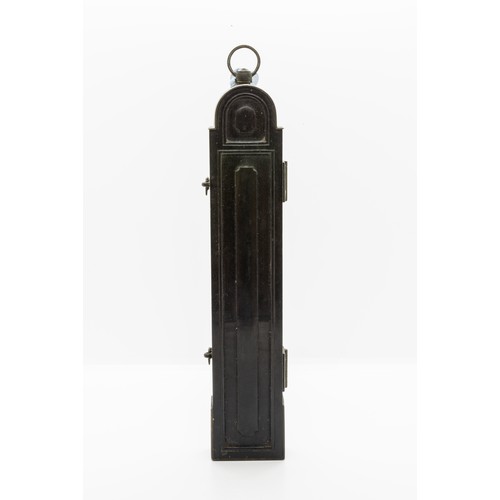 1454 - A GOOD GEORGIAN THERMOMETER IN A FOLDING EBONISED ARCHED TOP BRASS BOUND CASE the brass engraved sca... 