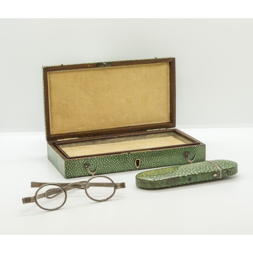 1491 - PAIR EARLY VICTORIAN WHITE METAL SPECTACLES IN A SLIVER MOUNTED SHAGREEN CASE and a Georgian shagree... 