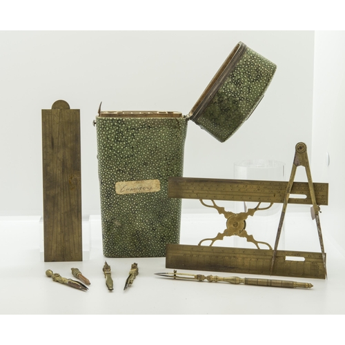 1456 - A GEORGIAN DRAWING SET, the shagreen case with a number of instruments signed G. Adams, London (Some... 