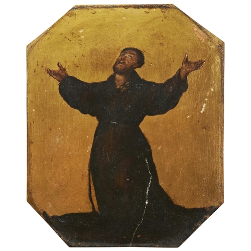 1746 - OIL ON COPPER, A MONK, his arms held aloft in reverence, on a gilt background, 18th century20 x 16.5... 