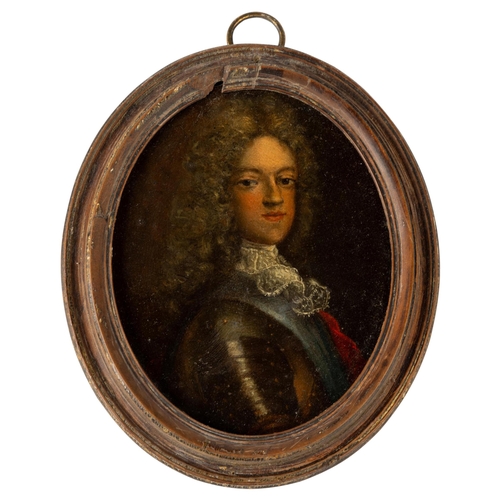 6 - ENGLISH SCHOOL, 17TH CENTURY PORTRAIT OF A MAN IN ARMOUR, oil on copper in an oval wooden frame10 x ... 