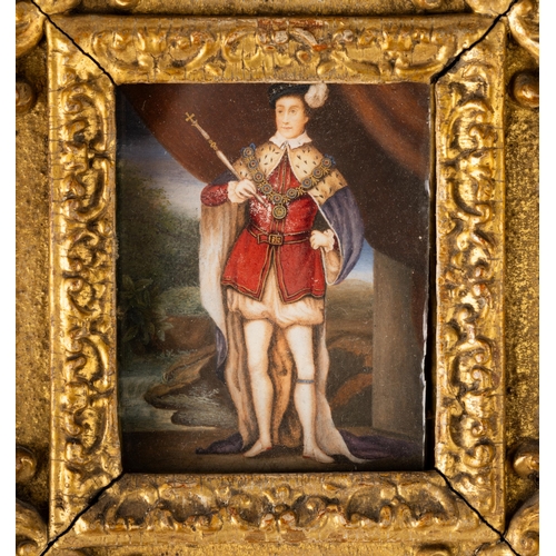 1763 - A MINIATURE PORTRAIT, POSSIBLY OF KING EDWARD VI, in an ermine cape and mounted in a 19th century fa... 