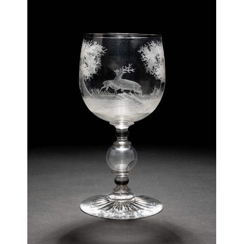 1273 - A LARGE VICTORIAN ENGRAVED GLASS, the bowl decorated with a scene of a deer in woodland upon a spher... 