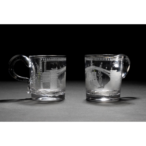 1274 - A PAIR OF GLASS SUNDERLAND BRIDGE 'MUGS' ENGRAVED WITH MATCHING INITIALS 'E A C'9.5cms