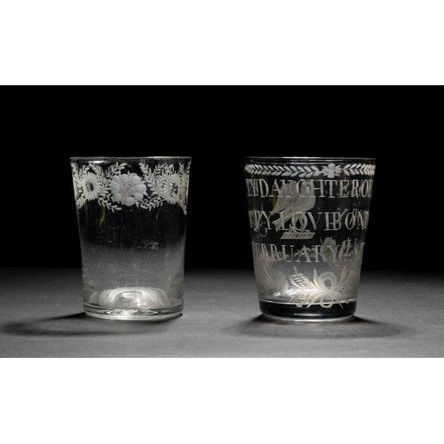 1275 - A GLASS COMMEMORATIVE TUMBLER ENGRAVED 'BETTY DAUGHTER OF JAMES, BETTY LOVIBOND BORN FEBRUARY 8TH 17... 