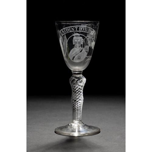 1277 - A JACOBITE PORTRAIT GLASS ENGRAVED WITH LIKENESS OF BONNIE PRINCE CHARLIE with the Motto ‘Aden... 