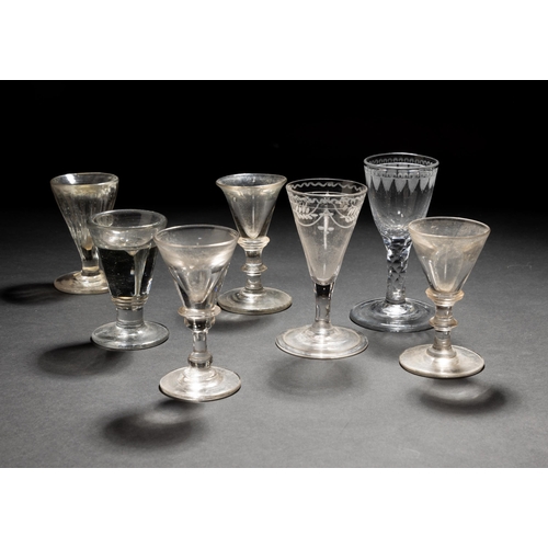 1290 - A GEORGIAN FIRING GLASS, THREE DECEPTION GLASSES, A PENNY LICK AND OTHER GLASSES. 13 cms max