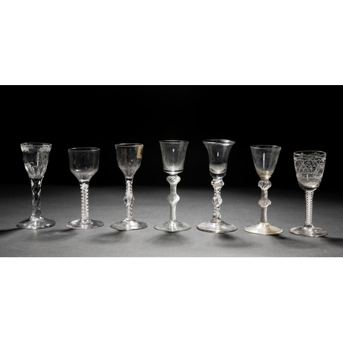 1295 - A GEORGIAN AIR TWIST CORDIAL GLASS WITH DOUBLE KNOPPED STEM and six other glasses, all chipped.16 cm... 