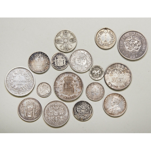 279 - A 1905 SILVER ONE YEN, a 1909 50 Sen with solder mark, two silver rupees and various other coins. A ... 