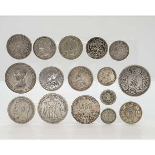 279 - A 1905 SILVER ONE YEN, a 1909 50 Sen with solder mark, two silver rupees and various other coins. A ... 