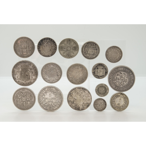 279 - A 1905 SILVER ONE YEN, a 1909 50 Sen with solder mark, two silver rupees and various other coins. A ... 