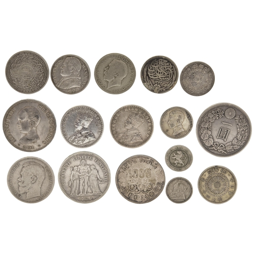 279 - A 1905 SILVER ONE YEN, a 1909 50 Sen with solder mark, two silver rupees and various other coins. A ... 