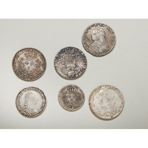 280 - A LOUIS XV SILVER ECU COIN 1726, ANOTHER, ONE FOR 1765, A Maria Theresa crown, a Frederich II Prussi... 