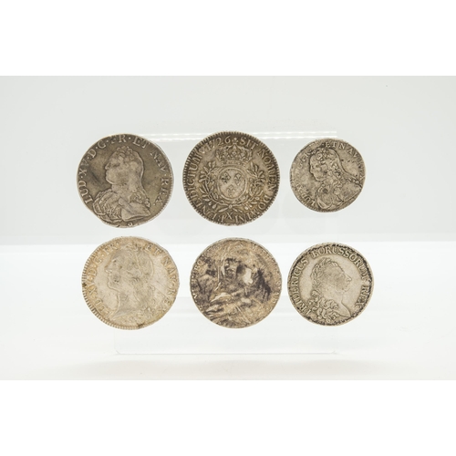 280 - A LOUIS XV SILVER ECU COIN 1726, ANOTHER, ONE FOR 1765, A Maria Theresa crown, a Frederich II Prussi... 