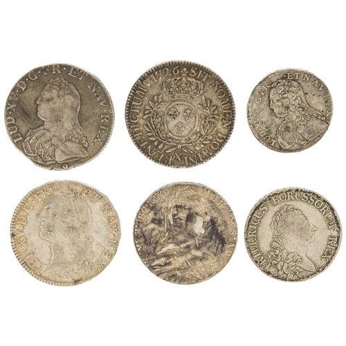 280 - A LOUIS XV SILVER ECU COIN 1726, ANOTHER, ONE FOR 1765, A Maria Theresa crown, a Frederich II Prussi... 