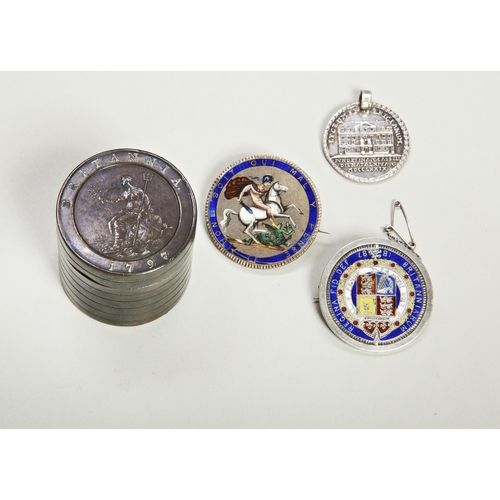 281 - A GEORGE III ENAMELLED FIVE SHILLING PIECE, , a Victorian Enamelled Jubilee Head Half Crown, A Frede... 