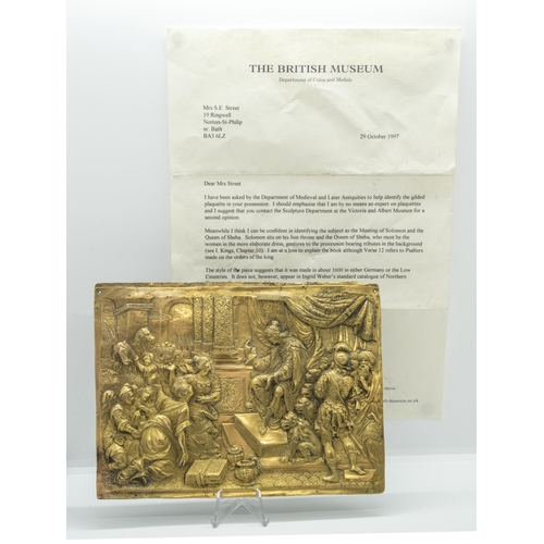 1774 - A GILT BRONZE PLAQUE, 16TH/17TH CENTURY DEPICTING THE MEETING OF SOLOMON AND THE QUEEN OF SHEBA toge... 