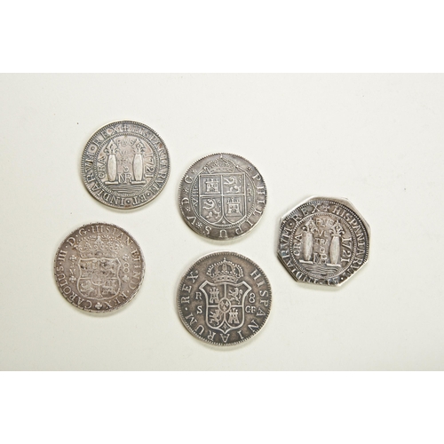 313 - A ‘PHILIP V’ 8 REALES BULLION COIN, ANOTHER, AN OCTAGONAL EXAMPLE and a ‘Charles I... 