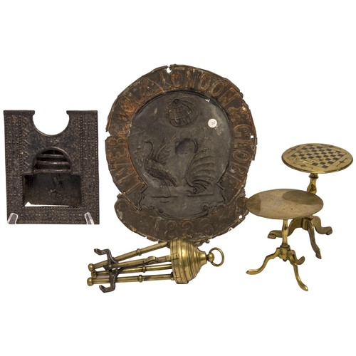 1779 - A RARE 19TH CENTURY GRIFFITH PATENT FOLDING TRIVET, a miniature brass folding ‘games top’ table, ano... 