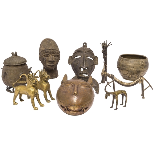 1334 - A BENIN COPPER ALLOY LEOPARD BOX (20th century) and various other ‘tribal’ and Eastern copper alloy ... 