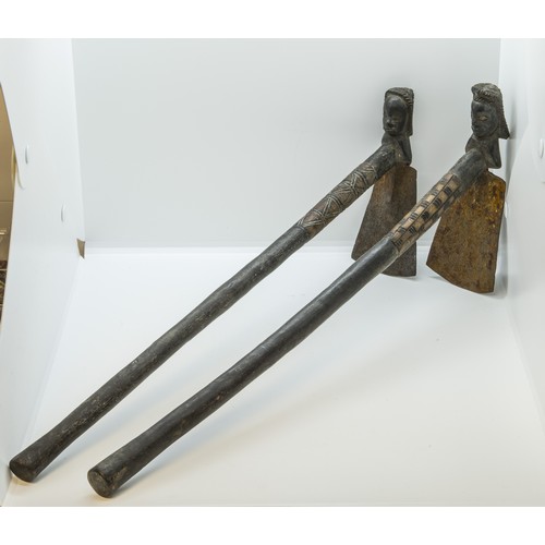 1335 - A PAIR OF YORUBA COPPER ALLOY SWORDS WITH FIGURAL HILTS, a ceremonial copper alloy And iron Tiv axe ... 