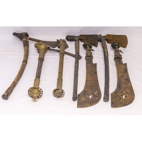 1335 - A PAIR OF YORUBA COPPER ALLOY SWORDS WITH FIGURAL HILTS, a ceremonial copper alloy And iron Tiv axe ... 