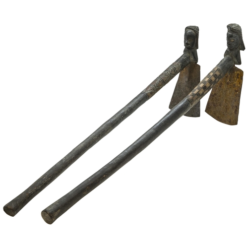 1335 - A PAIR OF YORUBA COPPER ALLOY SWORDS WITH FIGURAL HILTS, a ceremonial copper alloy And iron Tiv axe ... 