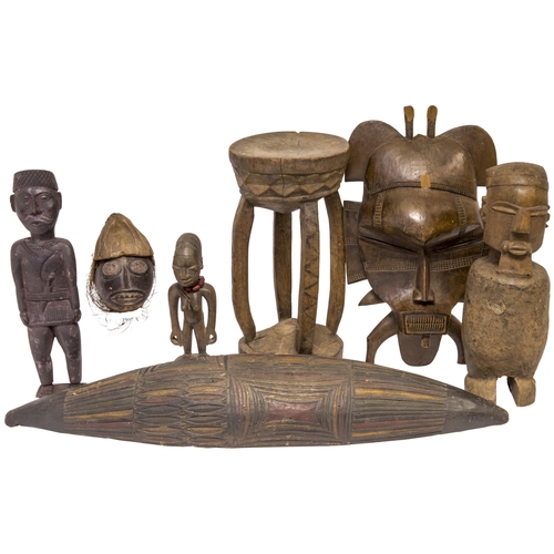 1337 - A SENUFO CARVED WOODEN MASK, a small tribal stool, a small Ibeji (Yoruba) figure, a           geomet... 