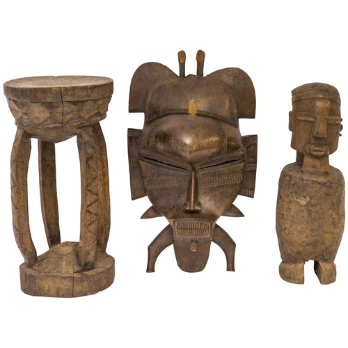 1337 - A SENUFO CARVED WOODEN MASK, a small tribal stool, a small Ibeji (Yoruba) figure, a           geomet... 