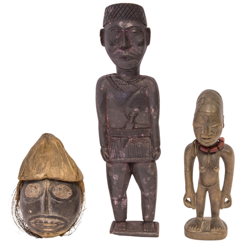 1337 - A SENUFO CARVED WOODEN MASK, a small tribal stool, a small Ibeji (Yoruba) figure, a           geomet... 