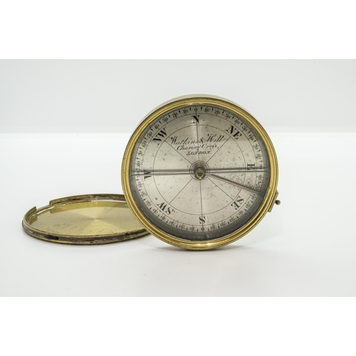 1459 - A WATKINS & HILL, CHARING CROSS, LONDON, BRASS CASE POCKET COMPASS WITH SILVERED CARD AND TRANSI... 