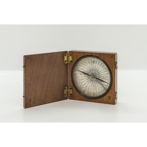 1460 - A WOODEN CASED POCKET COMPASS, a small brass cased compass, another smaller with a transit lock and ... 