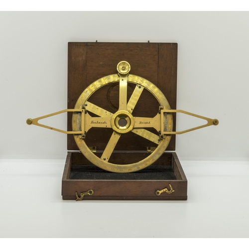 1466 - A BRASS COMPASS BY HUSBANDS OF BRISTOL WITH 360 DEGREE GRADUATED SCALE IN WOODEN TRANSIT CASE and an... 