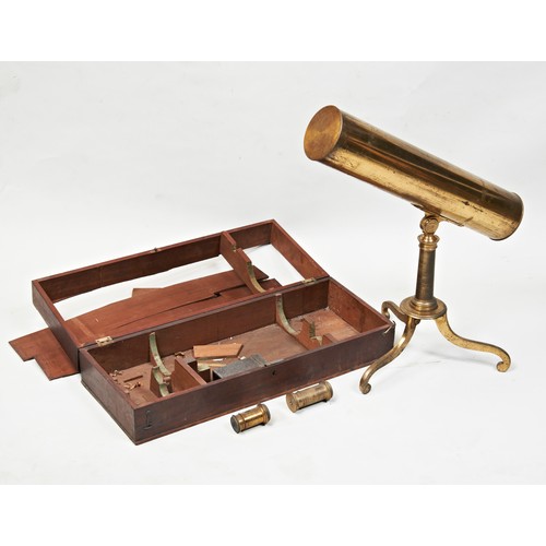 1469 - A GEORGIAN BRASS REFLECTING TELESCOPE BY PATRICK LONDON, with brass tripod stand and Wooden transit ... 